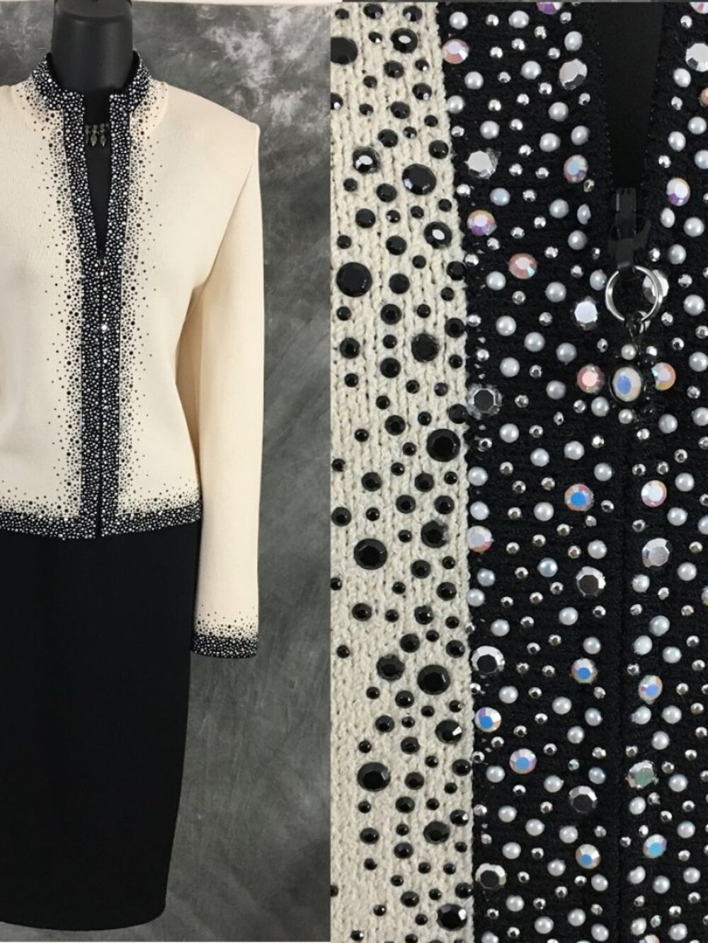 BEAUTIFUL St John evening black ivory rhinestones embellished skirt suit size 10